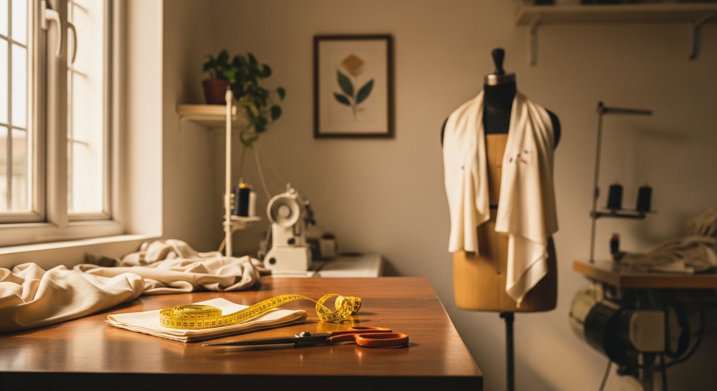 Artisan tailoring workbench with fabric swatches and tools