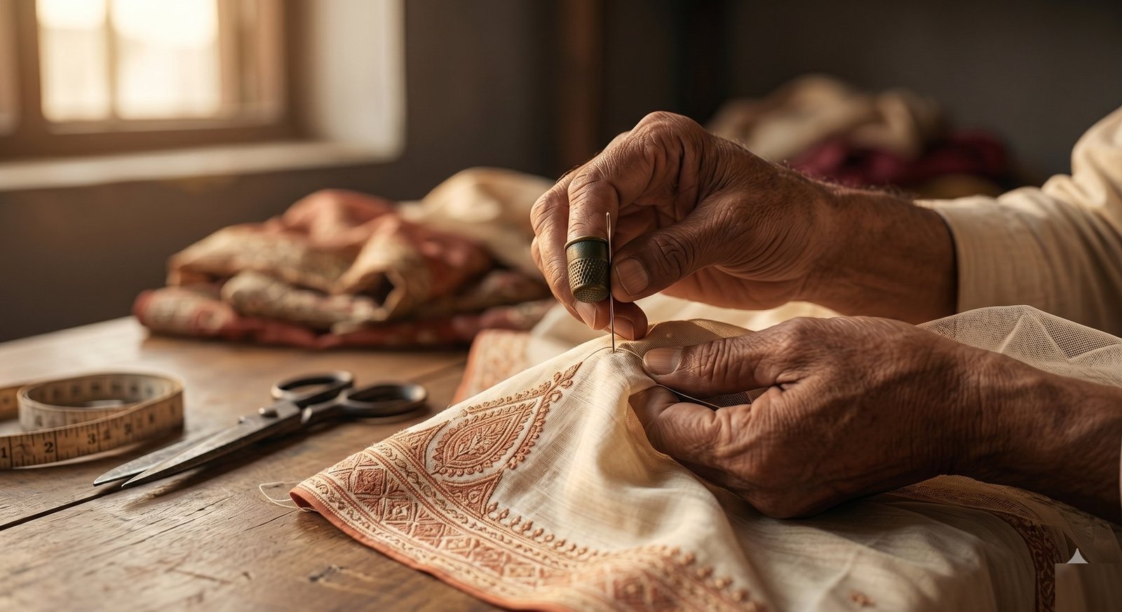 Hands of a master tailor at work