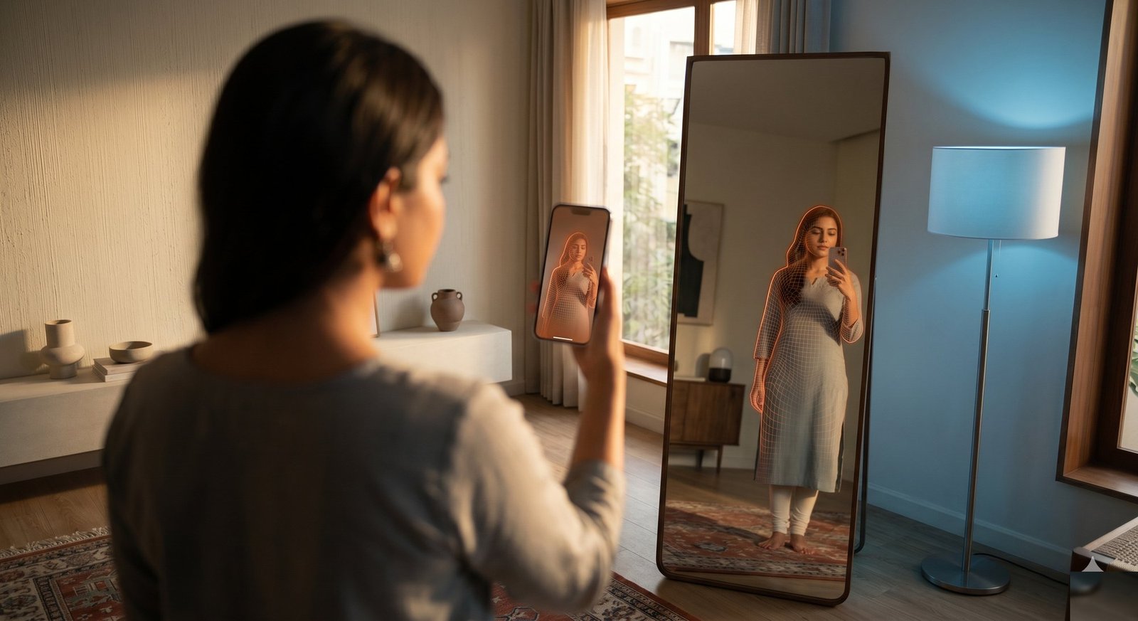 A woman performing an AI body scan at home